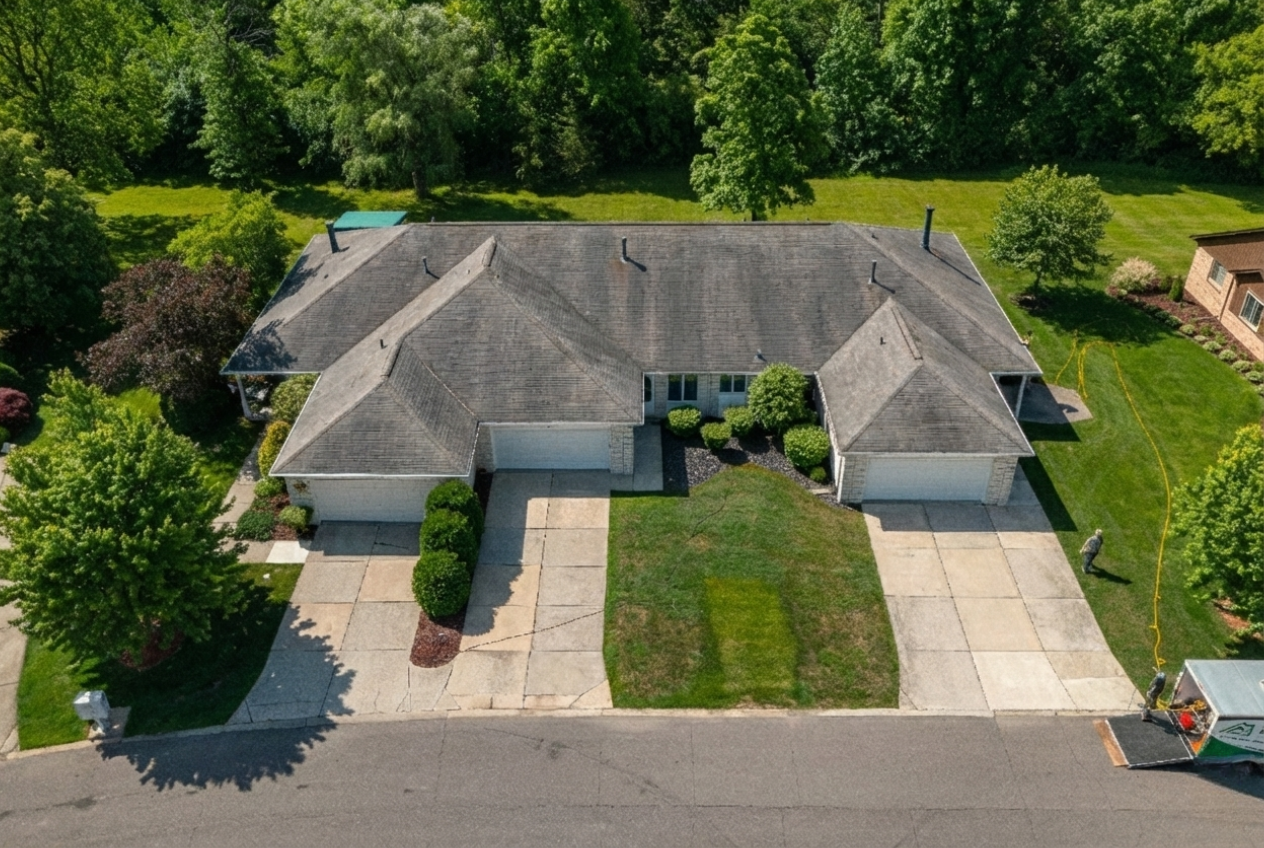 Aerial view of a duplex house with Roofing by Sunny Side Roof Rejuvenate; two driveways, well-kept lawns, bushes, and trees. Located in Florida, the property borders a street in front and dense green trees in the backyard. Aerial view of a duplex house with Roofing by Sunny Side Roof Rejuvenate; two driveways, well-kept lawns, bushes, and trees. Located in Florida, the property borders a street in front and dense green trees in the backyard.