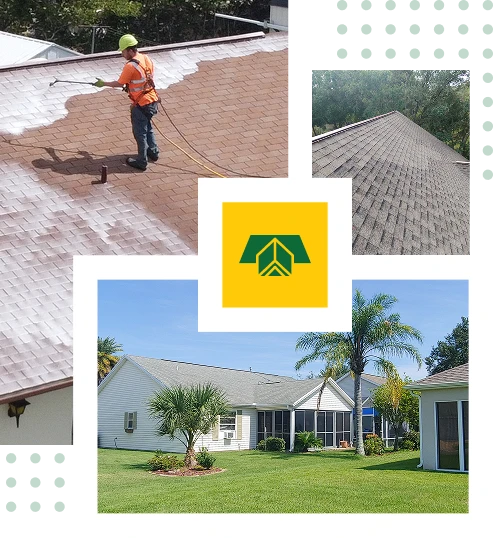 A worker in a safety vest cleans a shingle roof, showcasing the expert Roofing services of Sunny Side Roof Rejuvenate in Florida. Other images display a pristine roof and a tidy yard, with a yellow square featuring a green roof logo at the center.