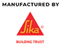 Logo with the text MANUFACTURED BY above a red triangle containing the word Sika in yellow. Below the triangle, BUILDING TRUST is written in red—perfect for Florida’s roofing experts like Sunny Side Roof Rejuvenate.