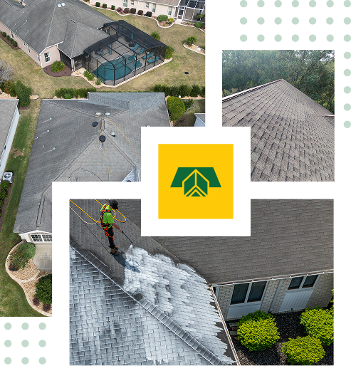 A collage of aerial views showing Florida residential rooftops, with one image of a worker power-washing a roof, centered around a yellow Sunny Side Roof Rejuvenate logo featuring a house roof icon.