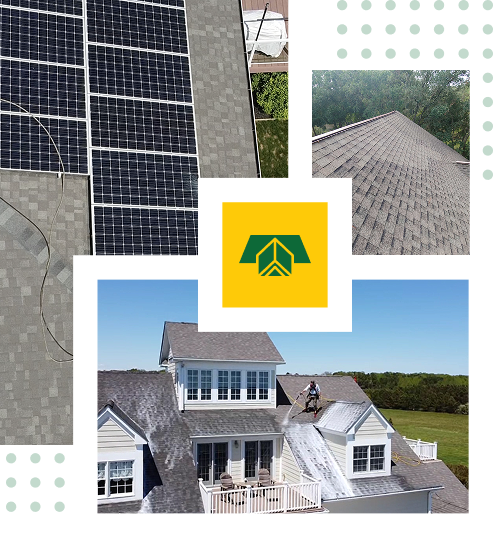 A collage featuring solar panels, rooftops, and a person working on the roof of a large Florida house, with a yellow square containing the Sunny Side Roof Rejuvenate green roof logo in the center.